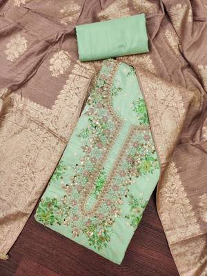 Women's mint chanderi embroidered handwork unstitched dress material 1