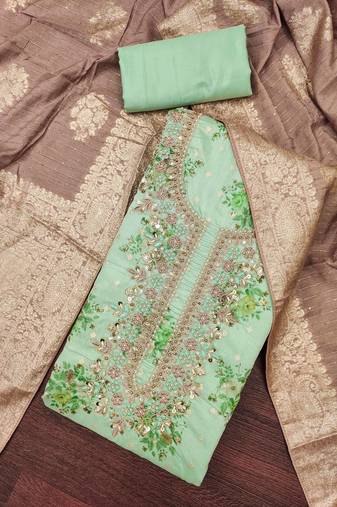 Women's mint  chanderi embroidered handwork unstitched dress material