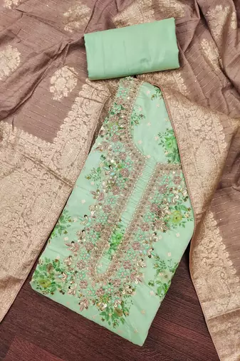 Women's mint  chanderi embroidered handwork unstitched dress material