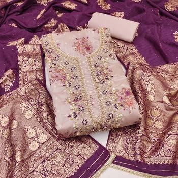 Women's lilac chanderi embroidered handwork unstitched dress material 2