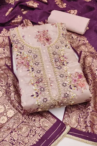Women's lilac chanderi embroidered handwork unstitched dress material