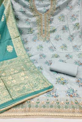 Women's sky blue chanderi embroidered handwork unstitched dress material 3
