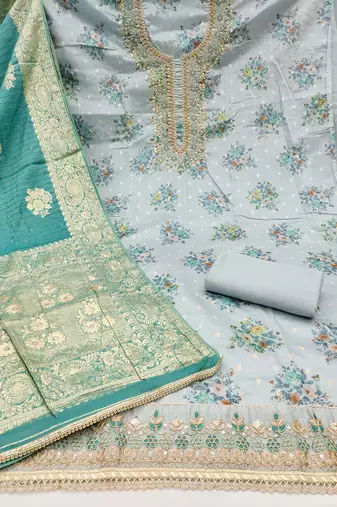 Women's sky blue chanderi embroidered handwork unstitched dress material