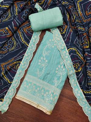 Women's sky blue premium roman cotton embroidered handwork unstitched dress material 1
