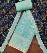 Women's sky blue premium roman cotton embroidered handwork unstitched dress material