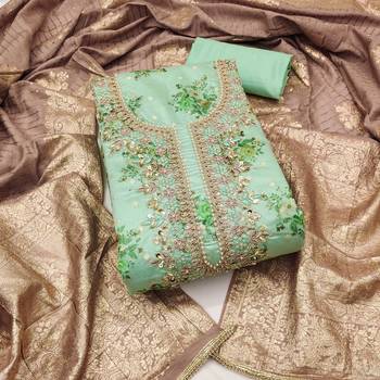 Women's mint chanderi embroidered handwork unstitched dress material 2