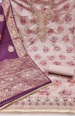 Women's lilac chanderi embroidered handwork unstitched dress material 3