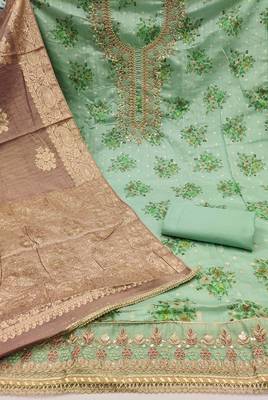 Women's mint chanderi embroidered handwork unstitched dress material 3
