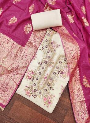Women's cream chanderi embroidered handwork unstitched dress material 1