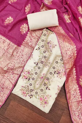 Women's cream  chanderi embroidered handwork unstitched dress material