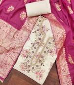 Women's cream  chanderi embroidered handwork unstitched dress material