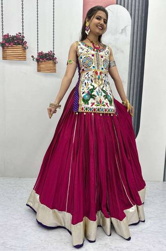 Pink navratri kutchi embroidery work kurti with lehenga