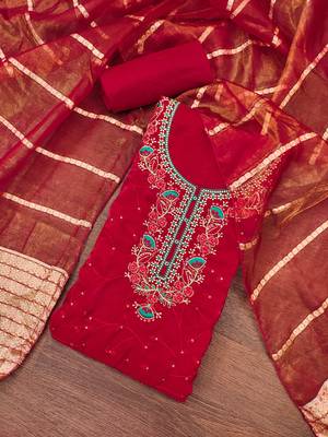Women's red silk embroidered unstitched dress material 1