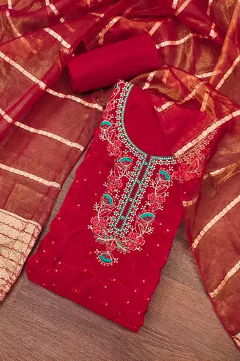 Women's red silk embroidered unstitched dress material