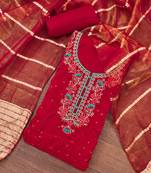 Women's red silk embroidered unstitched dress material