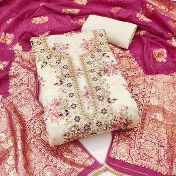 Women's cream chanderi embroidered handwork unstitched dress material 2