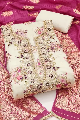 Women's cream  chanderi embroidered handwork unstitched dress material