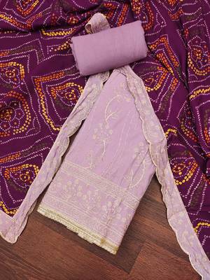 Women's lavender premium roman cotton embroidered handwork unstitched dress material 1