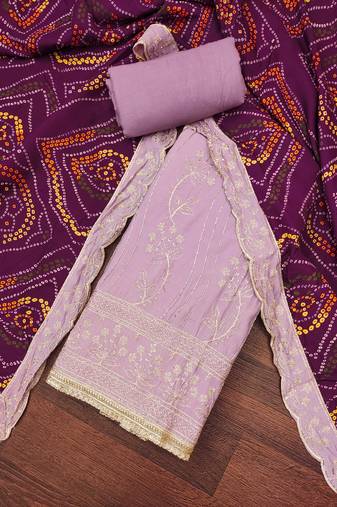 Women's lavender premium roman cotton embroidered handwork unstitched dress material