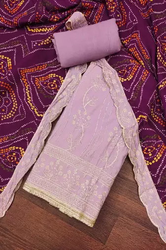 Women's lavender premium roman cotton embroidered handwork unstitched dress material
