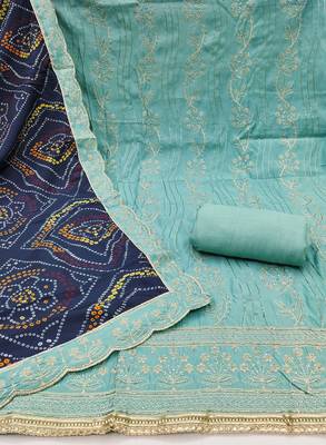 Women's sky blue premium roman cotton embroidered handwork unstitched dress material 3
