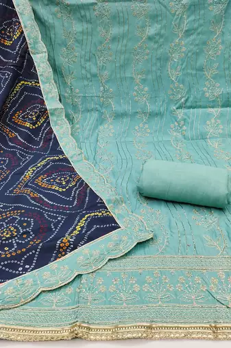Women's sky blue premium roman cotton embroidered handwork unstitched dress material