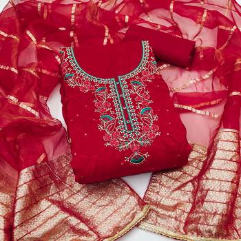 Women's red silk embroidered unstitched dress material 2