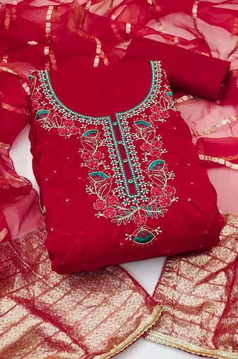 Women's red silk embroidered unstitched dress material