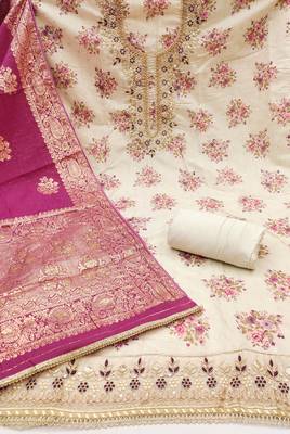 Women's cream chanderi embroidered handwork unstitched dress material 3