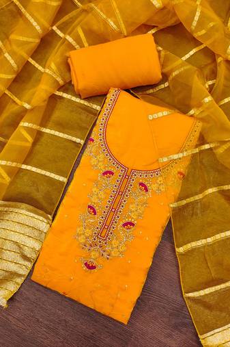 Women's yellow silk embroidered unstitched dress material
