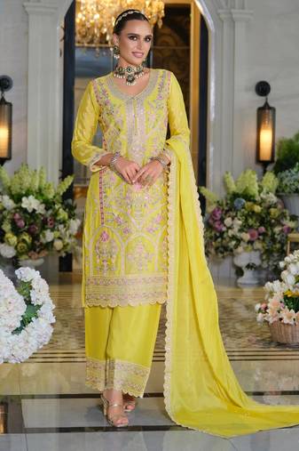 Farz sunshine light yellow embroidered chinon kurta sets