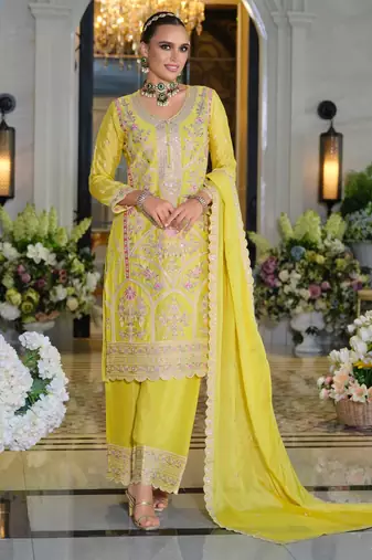Farz sunshine light yellow embroidered chinon kurta sets