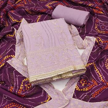 Women's lavender premium roman cotton embroidered handwork unstitched dress material 2
