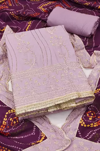 Women's lavender premium roman cotton embroidered handwork unstitched dress material