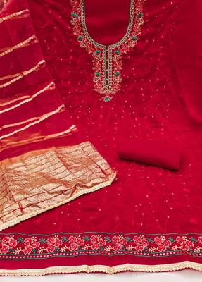 Women's red silk embroidered unstitched dress material 3