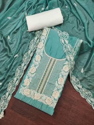 Women's sea green premium roman cotton embroidered handwork unstitched dress material 1
