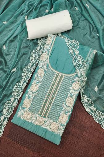 Women's sea green premium roman cotton embroidered handwork unstitched dress material