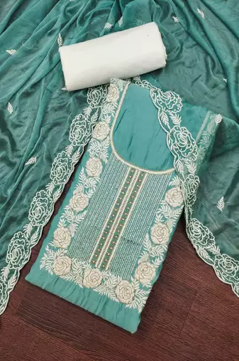 Women's sea green premium roman cotton embroidered handwork unstitched dress material