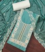 Women's sea green premium roman cotton embroidered handwork unstitched dress material