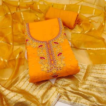 Women's yellow silk embroidered unstitched dress material 2