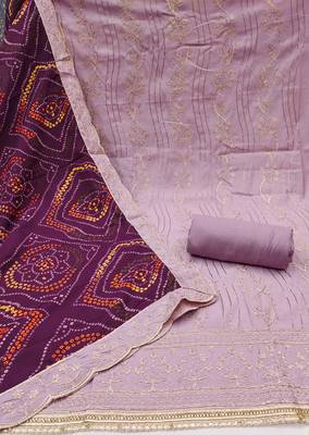 Women's lavender premium roman cotton embroidered handwork unstitched dress material 3