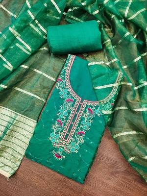 Women's green silk embroidered unstitched dress material 1