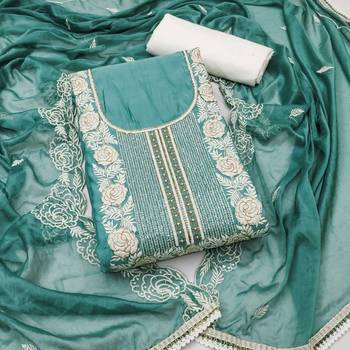 Women's sea green premium roman cotton embroidered handwork unstitched dress material 2