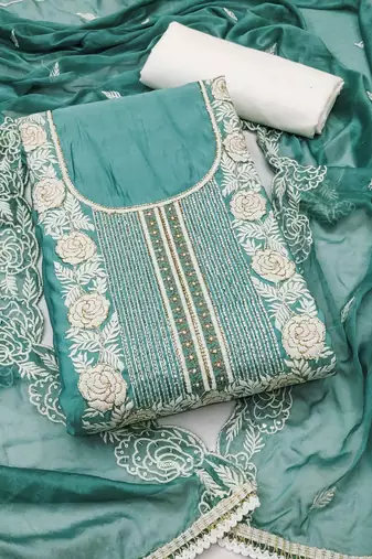 Women's sea green premium roman cotton embroidered handwork unstitched dress material