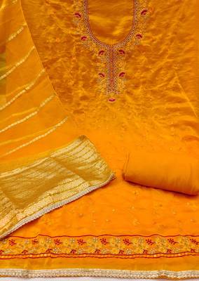 Women's yellow silk embroidered unstitched dress material 3