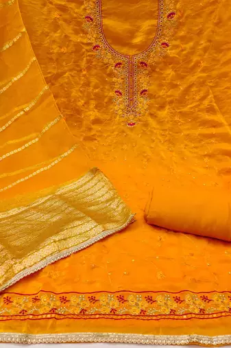 Women's yellow silk embroidered unstitched dress material