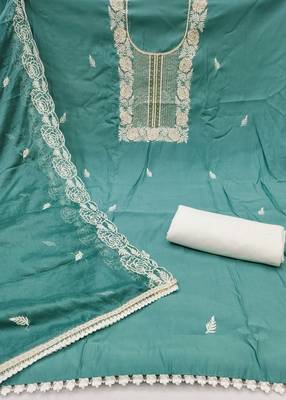 Women's sea green premium roman cotton embroidered handwork unstitched dress material 3