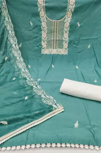 Women's sea green premium roman cotton embroidered handwork unstitched dress material