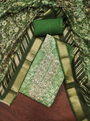 Women's green banarasi cotton digital print & hand work unstitched dress material 1