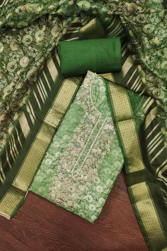 Women's green banarasi cotton digital print & hand work unstitched dress material
